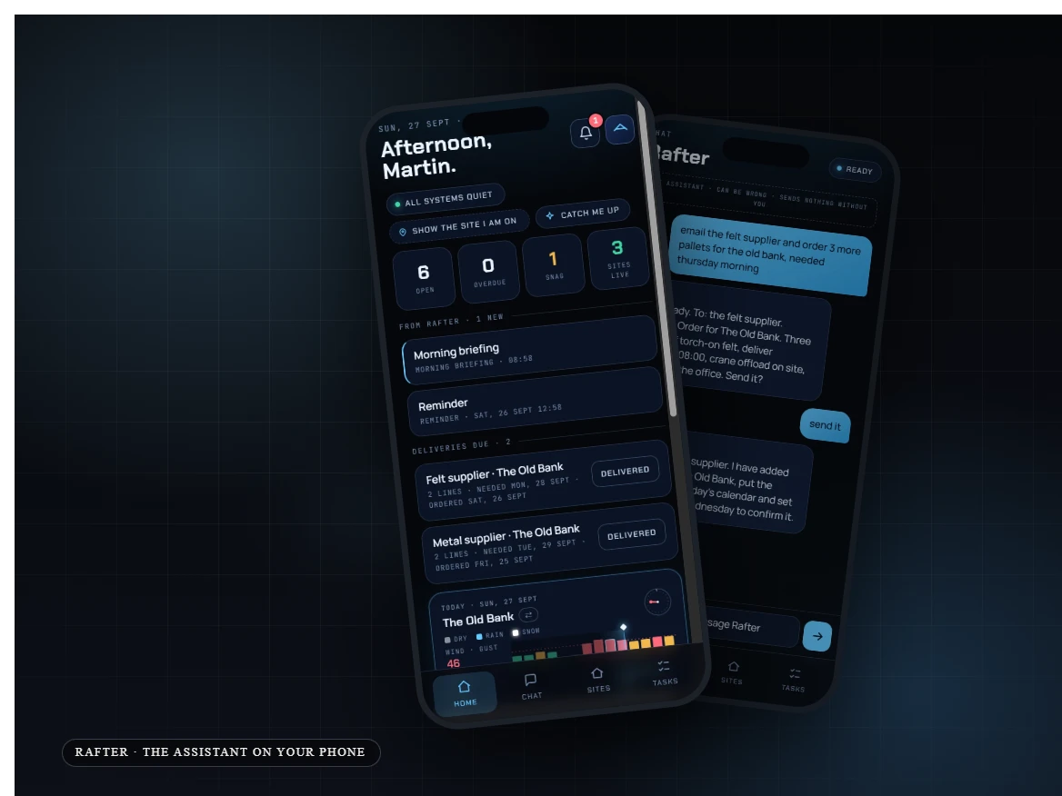 The Rafter assistant app on two phones: the home screen with today's tasks and deliveries, and the chat