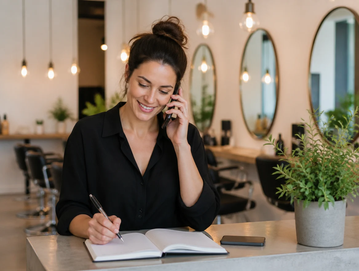 The owner of a small hair salon takes a phone call at the reception counter with a notebook open