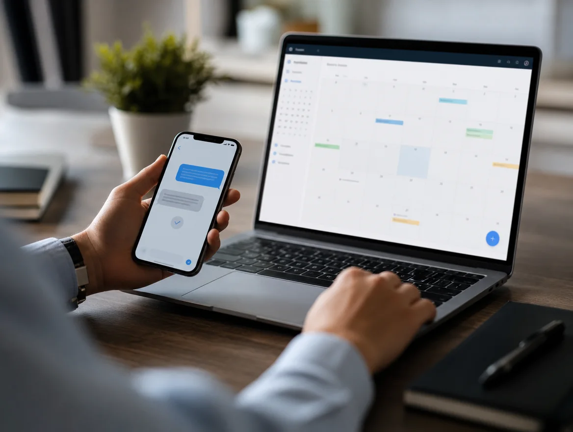 Hands at a desk with a laptop calendar and a phone showing a confirmation message