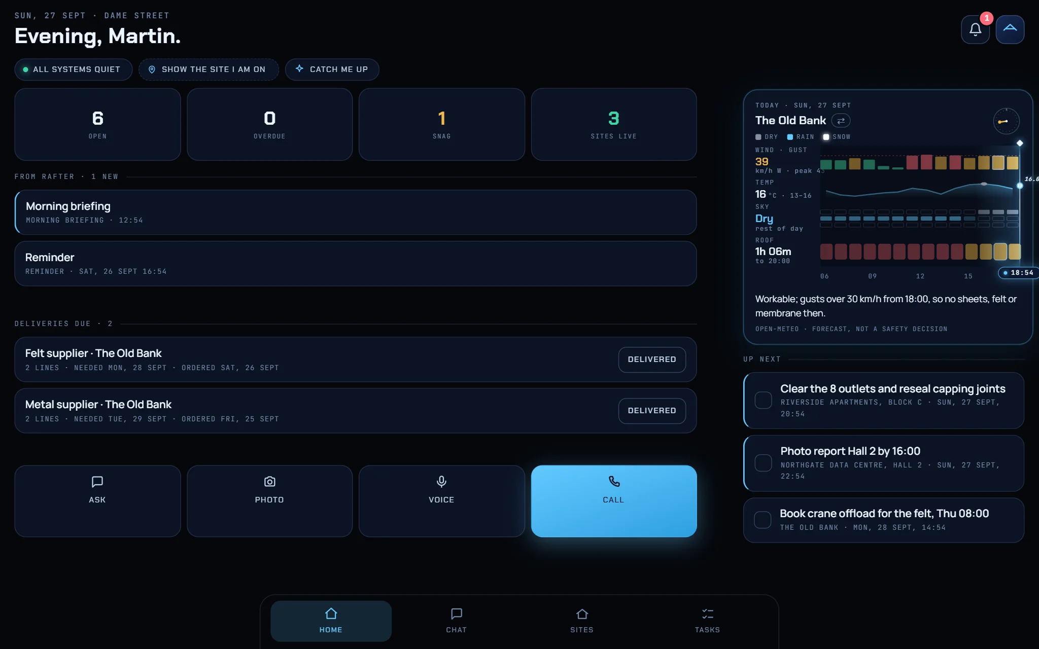 Rafter desktop home: greeting, four counters for open tasks, overdue, snags and live sites, the morning briefing, deliveries due for The Old Bank, the hourly roof weather window and the next three visits