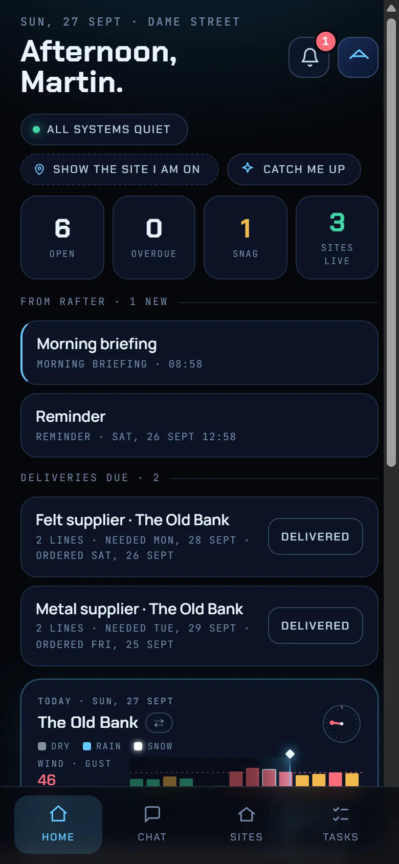 Rafter app home screen on a phone: today's date, open tasks, deliveries due for The Old Bank, and the roof weather window