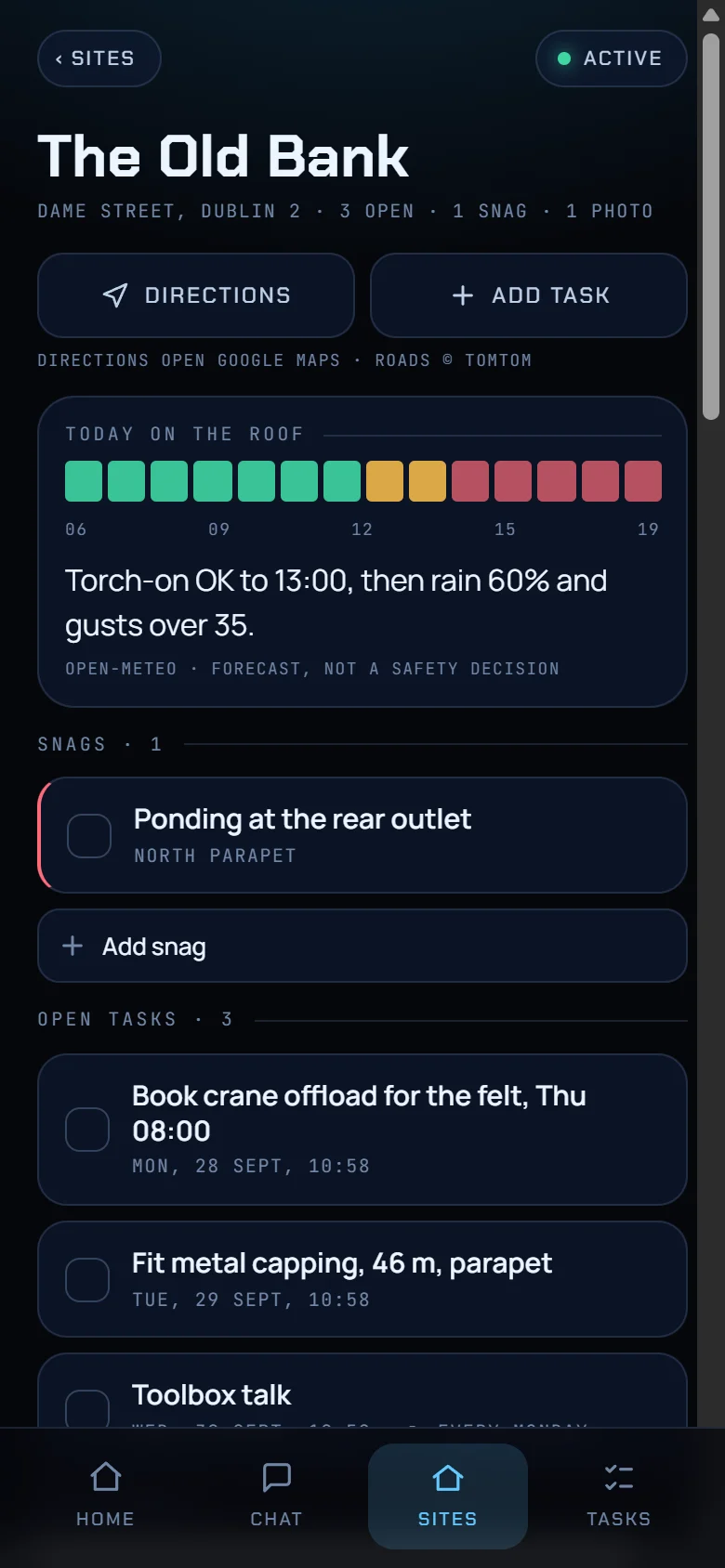 Rafter site page for The Old Bank on a phone: address, open tasks, one snag, today's roof forecast and the measurements table