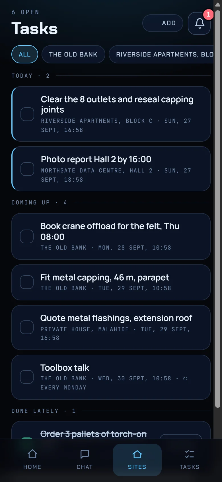 Rafter tasks list on a phone, grouped by day, including fitting metal capping and booking the crane offload